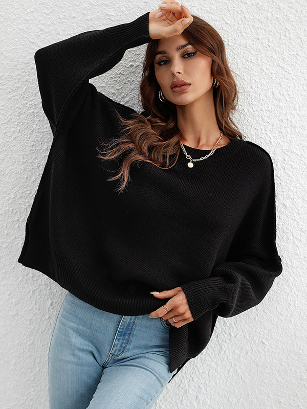 Casual Long Sleeves Loose Split-Side Solid Color Round-Neck Sweater Tops