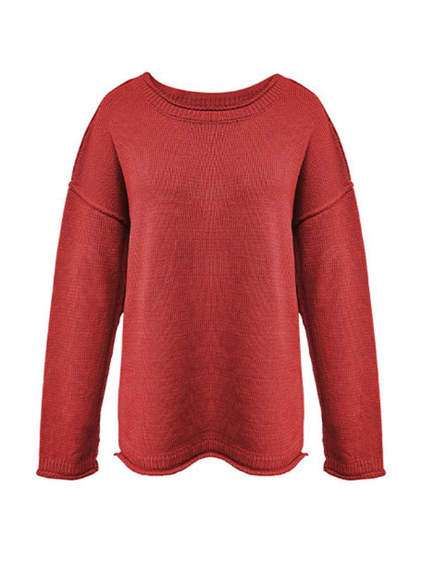 Long Sleeves Loose Solid Color Split-Joint Round-Neck Sweater Tops