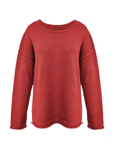 Long Sleeves Loose Solid Color Split-Joint Round-Neck Sweater Tops
