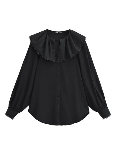 Loose Puff Sleeves Pleated See-Through Solid Color Split-Joint Peter Pan Collar Blouses&Shirts Tops