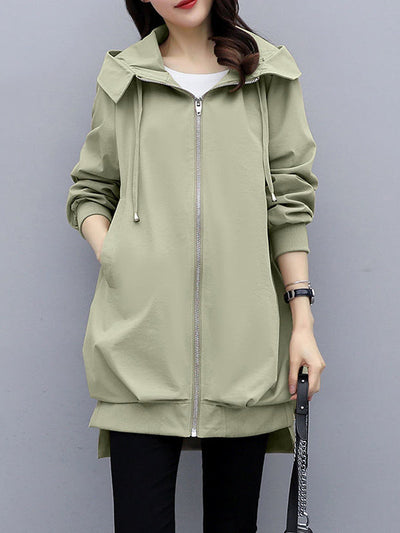 Casual Loose 4 Colors Pleated Zipper Hooded Long Sleeves Outwear