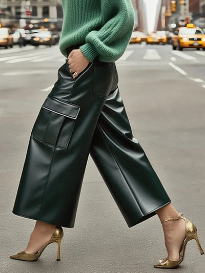 High Waisted Pockets Solid Color Split-Joint Wide Leg Pants Trousers