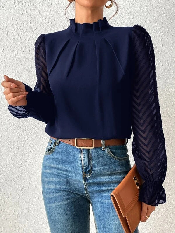 Long Sleeves Loose Elasticity Mesh Pleated Solid Color Mock Neck Blouses&Shirts Tops