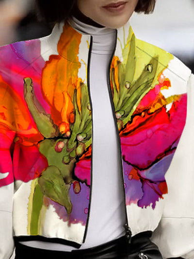 Loose Puff Sleeves Asymmetric Floral Printed Split-Joint High Neck Outerwear