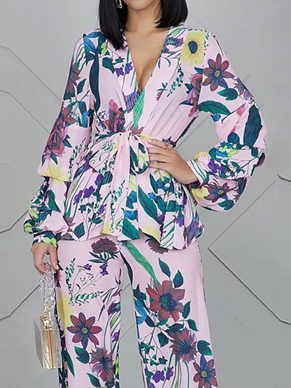 High Waisted Long Sleeves Flower Print Tied Waist V-Neck Shirts Top + Pants Bottom Two Pieces Set