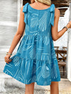 A-Line Loose Contrast Color Pleated Pockets Printed Tied Spaghetti-Neck Mini Dresses