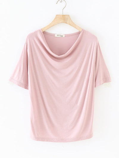 Short Sleeves Pleated Solid Color Heaps Collar T-Shirts Tops