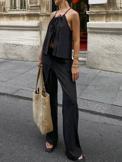 Solid Color Halter-Neck Cropped Pleated Split-Joint Tank Top + High Waisted Elasticity  Tied Waist Pants Trousers Two Pieces Set