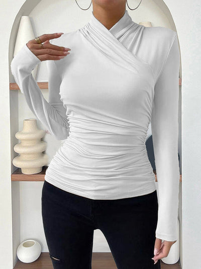 Long Sleeves Skinny Pleated Solid Color Mock Neck T-Shirts Tops