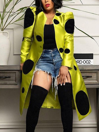 Long Sleeves Loose Pleated Polka-Dot Split-Joint Round-Neck Outerwear