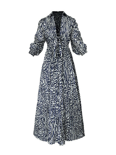 Loose Puff Sleeves Pleated Printed Split-Joint Deep V-Neck Jumpsuits