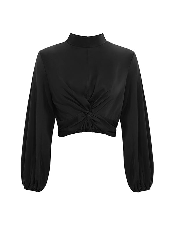 Long Sleeves Puff Sleeves Elasticity Hollow Knot Pleated Ruffled Mock Neck Blouses&Shirts Tops