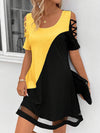 A-Line Loose Contrast Color Hollow Mesh Split-Joint Cold Shoulder Mini Dresses