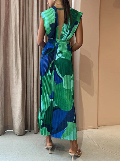 Loose Sleeveless Pleated Printed Split-Joint Deep V-Neck Maxi Dresses
