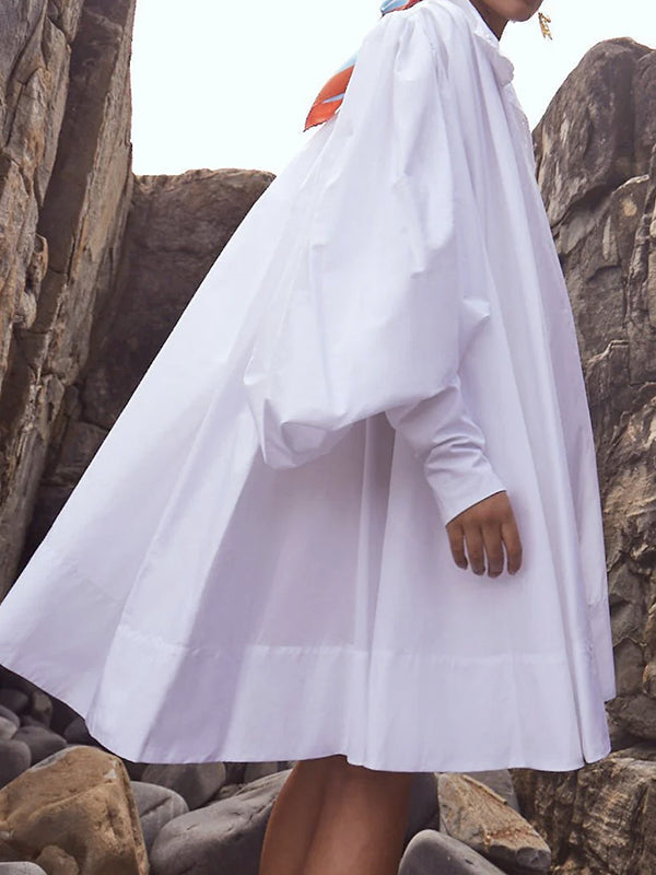 Long Sleeves Loose Buttoned Solid Color Stand Collar Mini Dresses Shirt Dress