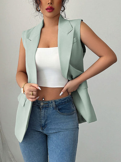 Loose Sleeveless Buttoned Pockets Notched Collar Blazer Vest Top