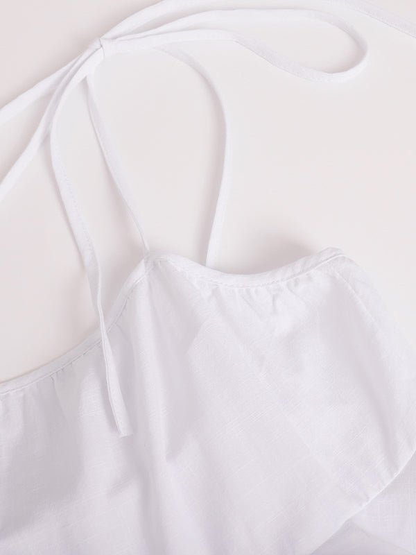 A-Line High Waisted Backless Layered Pleated Solid Color Spaghetti-Neck Mini Dresses