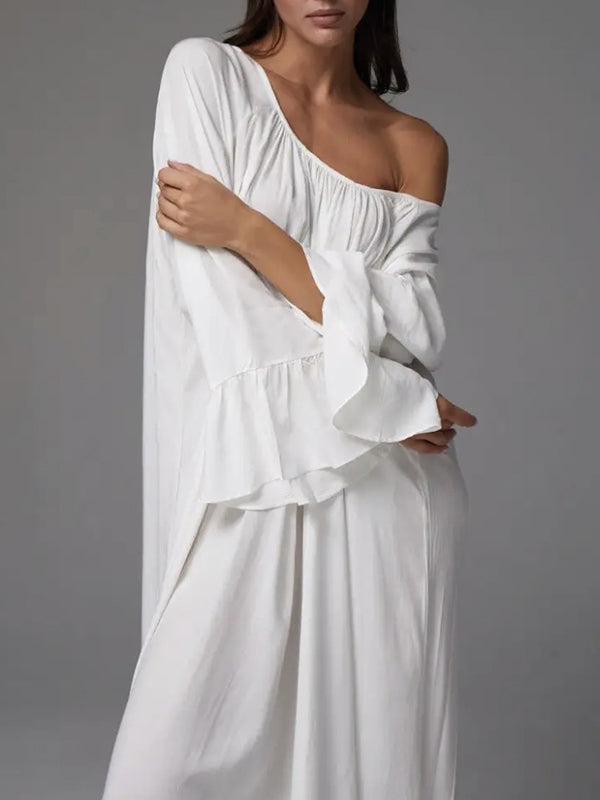 Flared Sleeves Loose Pleated Solid Color Split-Joint Round-Neck Maxi Dresses