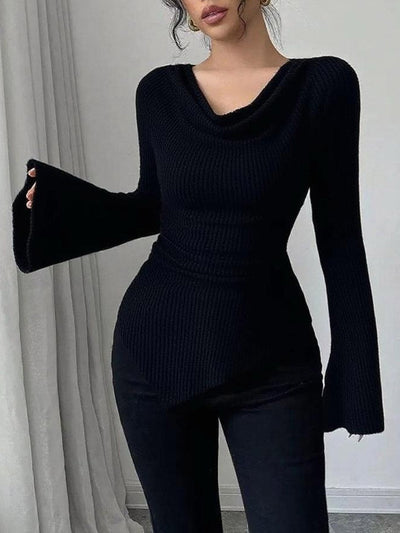 Flared Sleeves Irregularity Pleated Ribbed Knit Solid Color Heaps Collar T-Shirts Tops