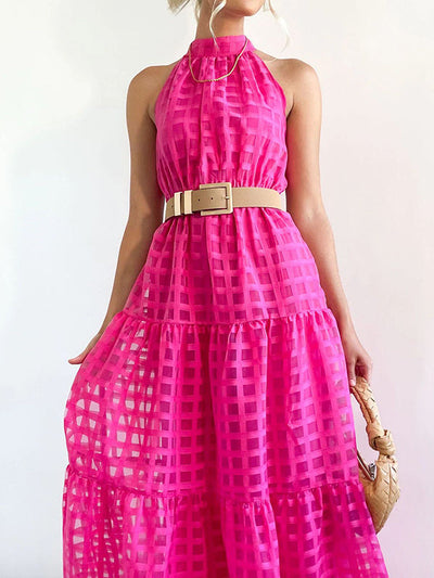 Loose Sleeveless Plaid Ribbed Stand Collar Maxi Dresses