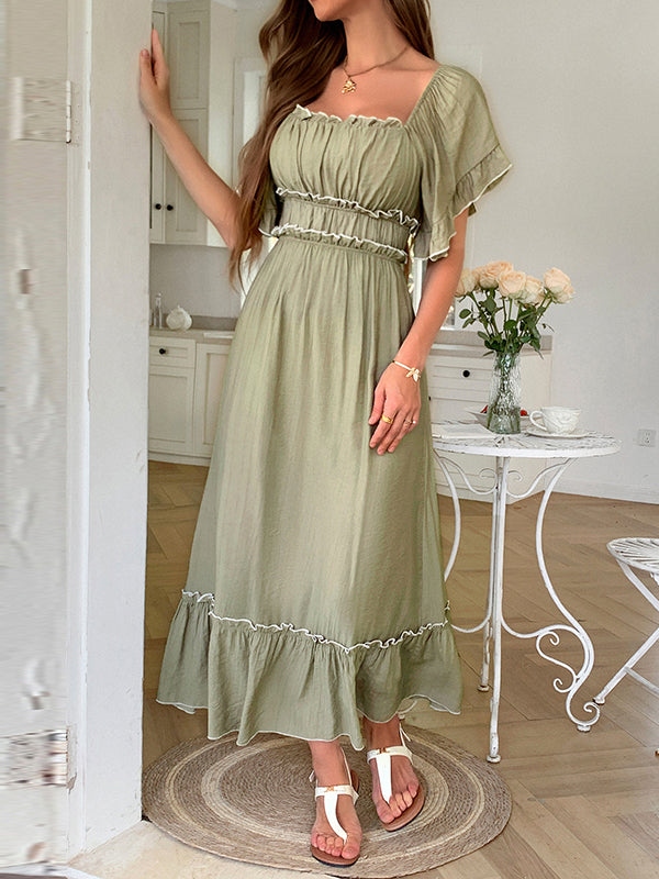 A-Line High Waisted Pleated Ruffle Trim Split-Joint Zipper Square-Neck Midi Dresses