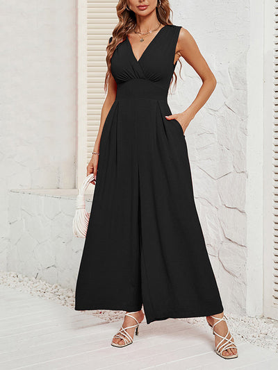 Loose Sleeveless Pleated Solid Color Split-Joint V-Neck Jumpsuits