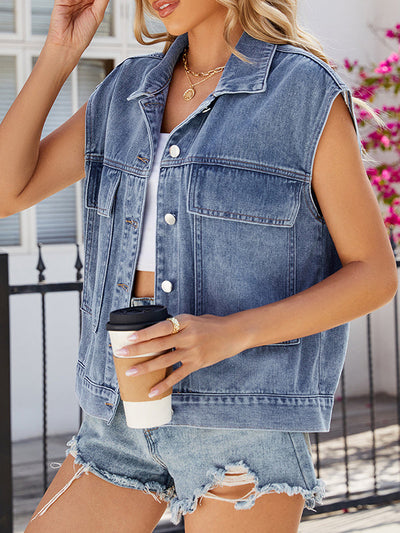 Loose Sleeveless Buttoned Pockets Lapel Vest Outerwear