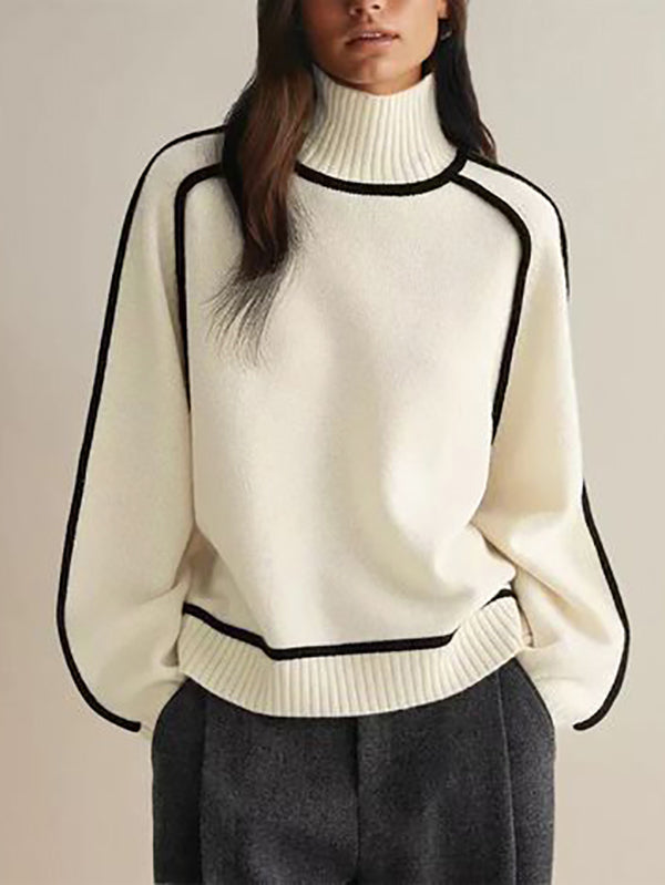 Long Sleeves Loose Contrast Color Split-Joint High Neck Pullovers Sweater Tops