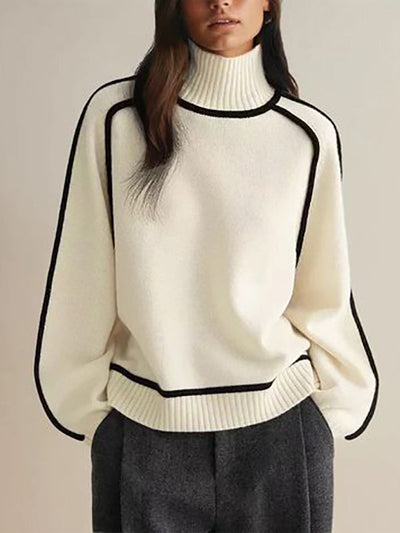 Long Sleeves Loose Contrast Color Split-Joint High Neck Pullovers Sweater Tops