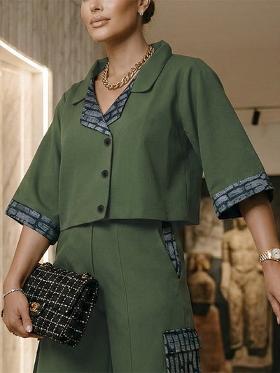 Loose Short Sleeves Buttoned Contrast Color Split-Joint Lapel Blouses&Shirts Tops