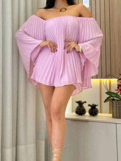 Batwing Sleeves Loose Pleated Solid Color Off-The-Shoulder Shirt Top + Shorts Bottom Two Pieces Set