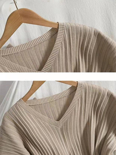 Loose Knitting Raglan Sleeve Solid Color V-Neck Sweater Top + Pants Two Pieces Set