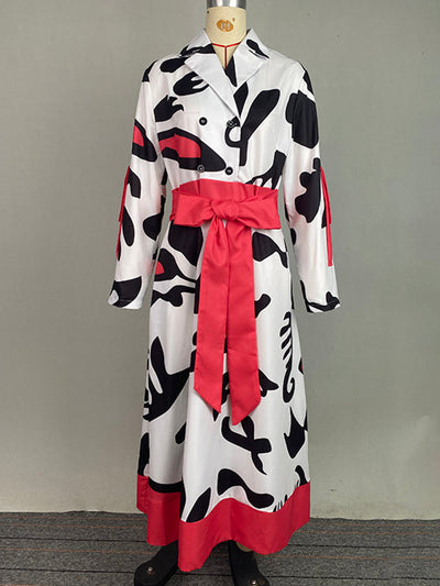 A-Line Long Sleeves Buttoned Contrast Color Tied Waist Notched Collar Maxi Dresses Shirt Dress