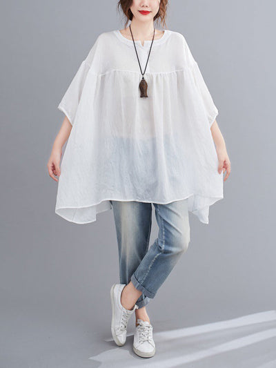 Half Sleeves Loose Pleated See-Through Solid Color Round-Neck Blouses&Shirts Tops