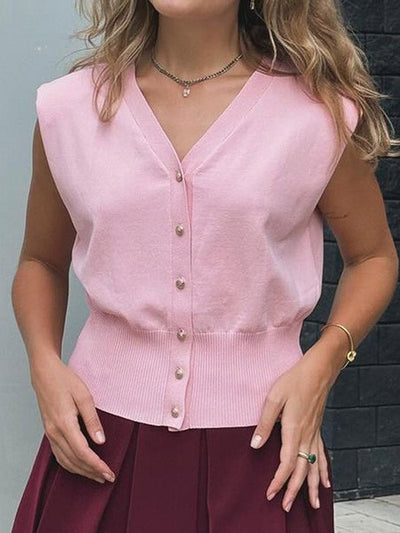 Loose Sleeveless Buttoned Solid Color V-Neck Vest Top