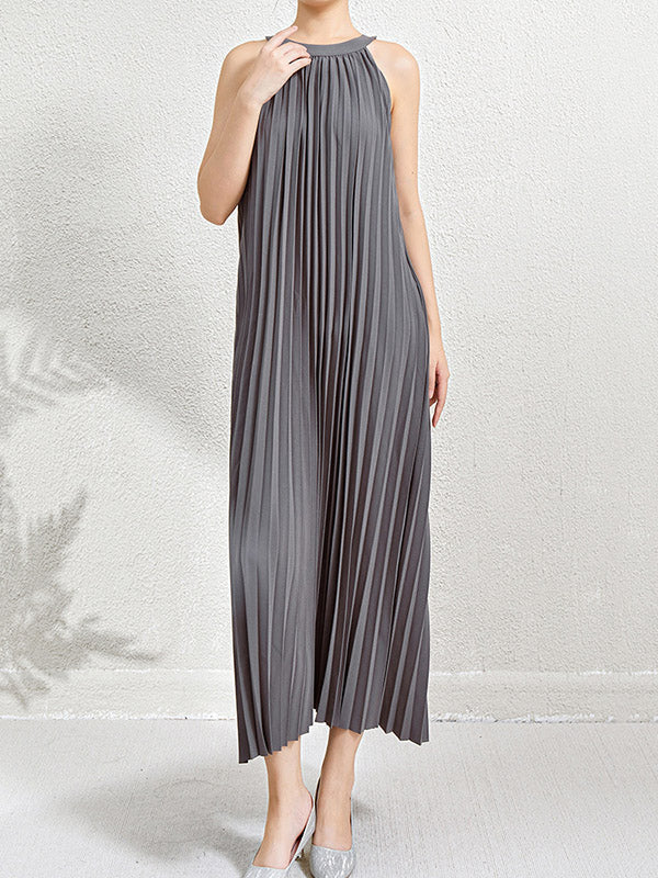 Loose Sleeveless Hollow Pleated Pockets Solid Color Halter-Neck Maxi Dresses