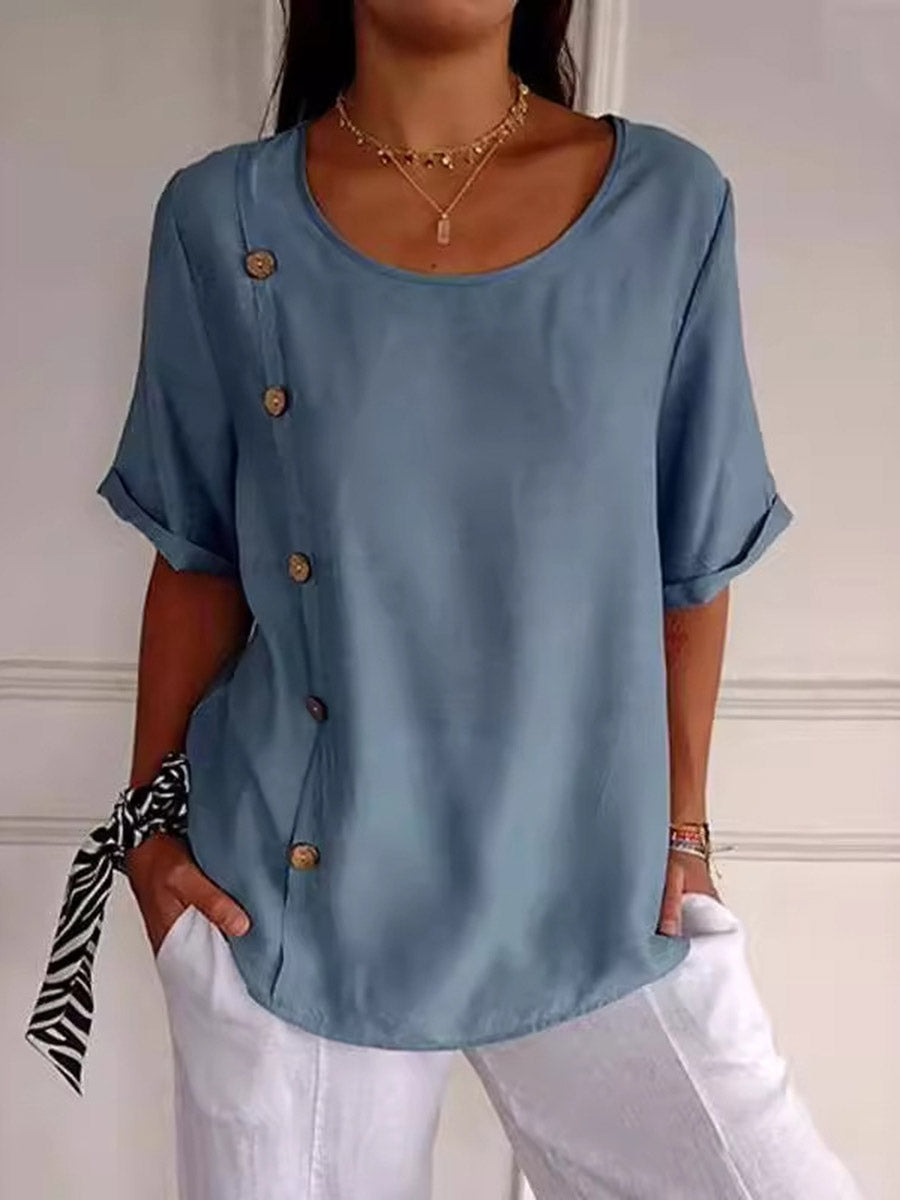 Loose Short Sleeves Buttoned Solid Color Split-Joint Round-Neck Blouses&Shirts Tops