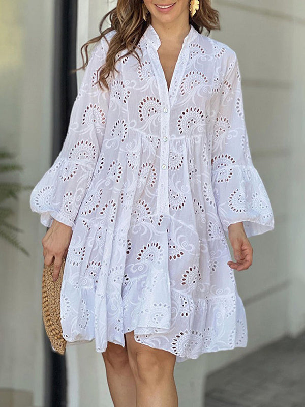 A-Line Flared Sleeves Buttoned Hollow Solid Color Split-Joint V-Neck Mini Dresses