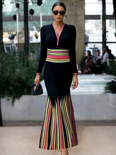 Long Sleeves Skinny Colorful Contrast Color Striped V-Neck Maxi Dresses