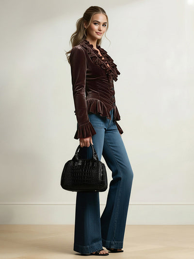 Elasticated Waist Flared Sleeves Buttoned Pleated Ruffled Solid Color Split-Joint Deep V-Neck Blouses&Shirts Tops