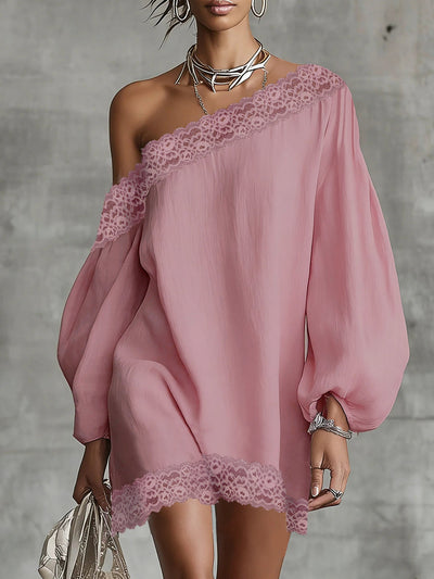 Long Sleeves Loose Solid Color Split-Joint One-shoulder Mini Dresses