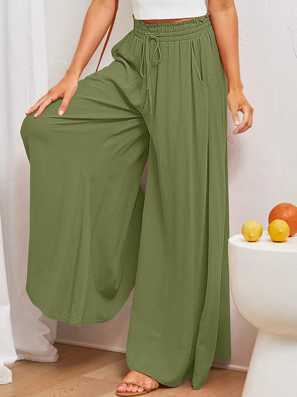 High Waisted Loose Drawstring Elasticity Pleated Pockets Solid Color Pants Trousers