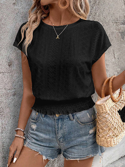 Loose Raglan Sleeve Elasticity Hollow Jacquard Solid Color Round-Neck T-Shirts Tops