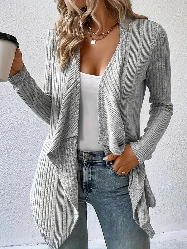 Long Sleeves Loose Solid Color Collarless Cardigan Tops