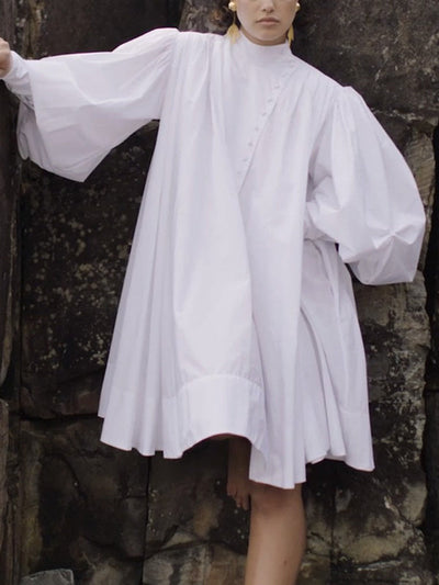 Long Sleeves Loose Buttoned Solid Color Stand Collar Mini Dresses Shirt Dress