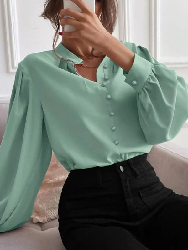 Loose Puff Sleeves Pleated Solid Color Split-Joint Stand Collar Blouses