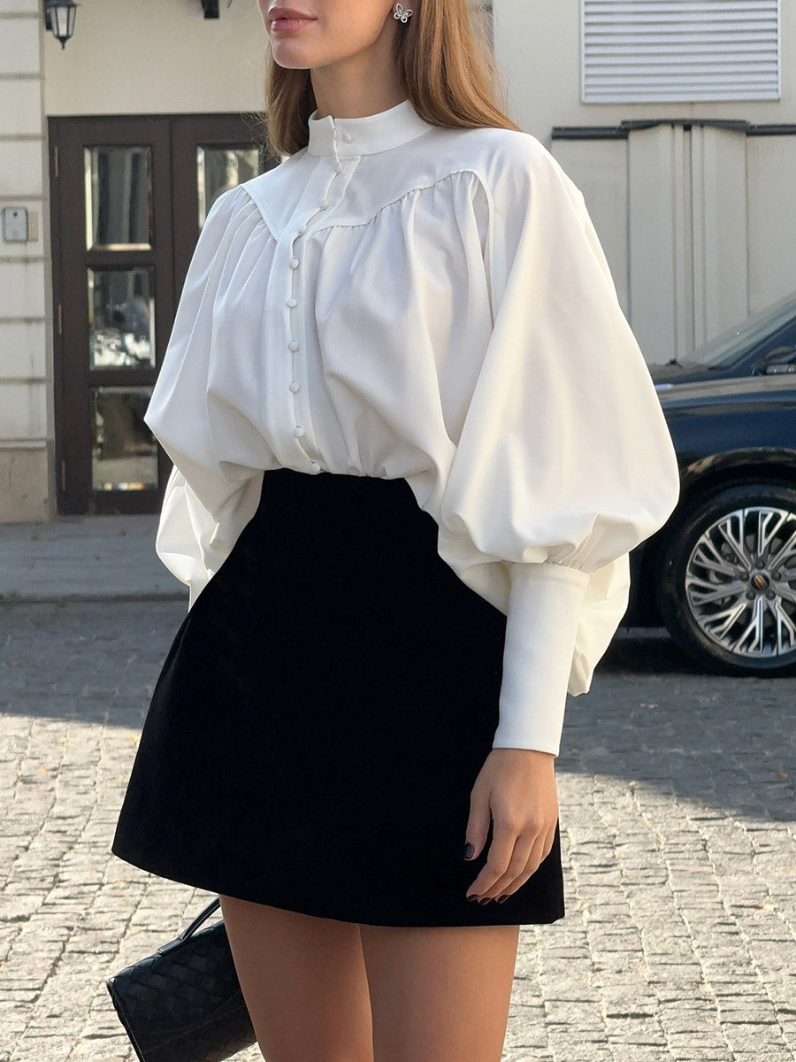 Long Sleeves Loose Buttoned Pleated Solid Color Split-Joint Stand Collar Blouses&Shirts Tops