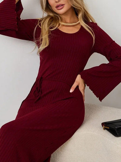Long Sleeves Pleated Ruffled Solid Color Split-Joint Round-Neck Maxi Dresses