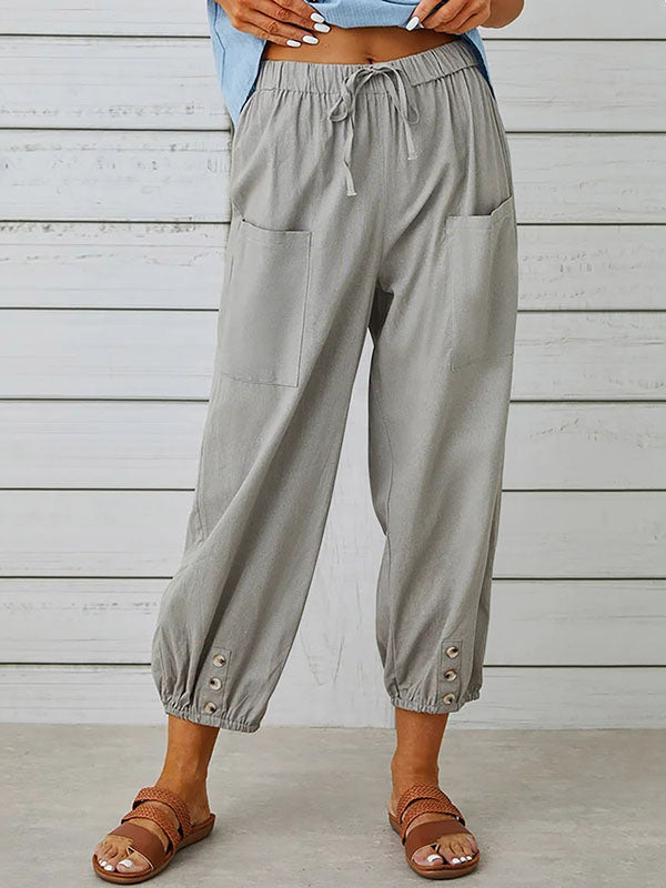 High Waisted Loose Buttoned Drawstring Elasticity Pockets Split-Joint Ninth Pants Trousers