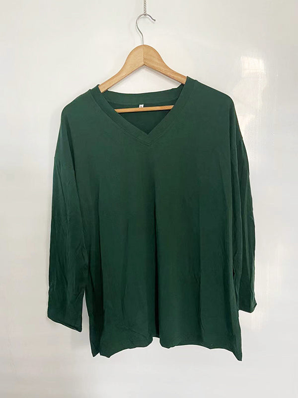 Long Sleeves Loose See-Through Solid Color Split-Joint V-Neck T-Shirts